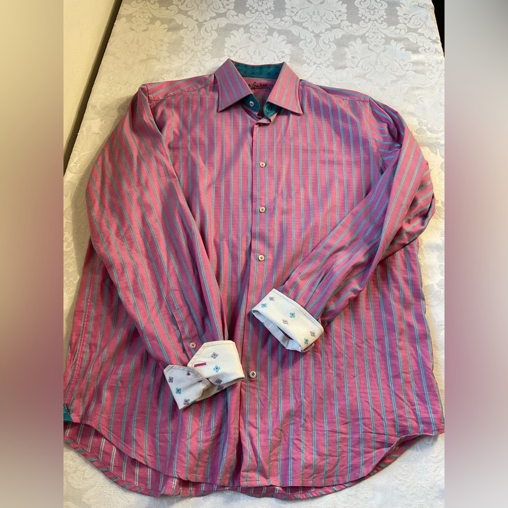Robert Graham Men’s Large Long Sleeve Pink Shirt Vertical Striped Flip Cuff